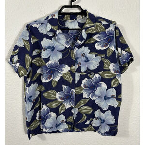 Vintage Northcrest Hawaiian Shirt Size M Cotton Blend Blue Floral Button Up